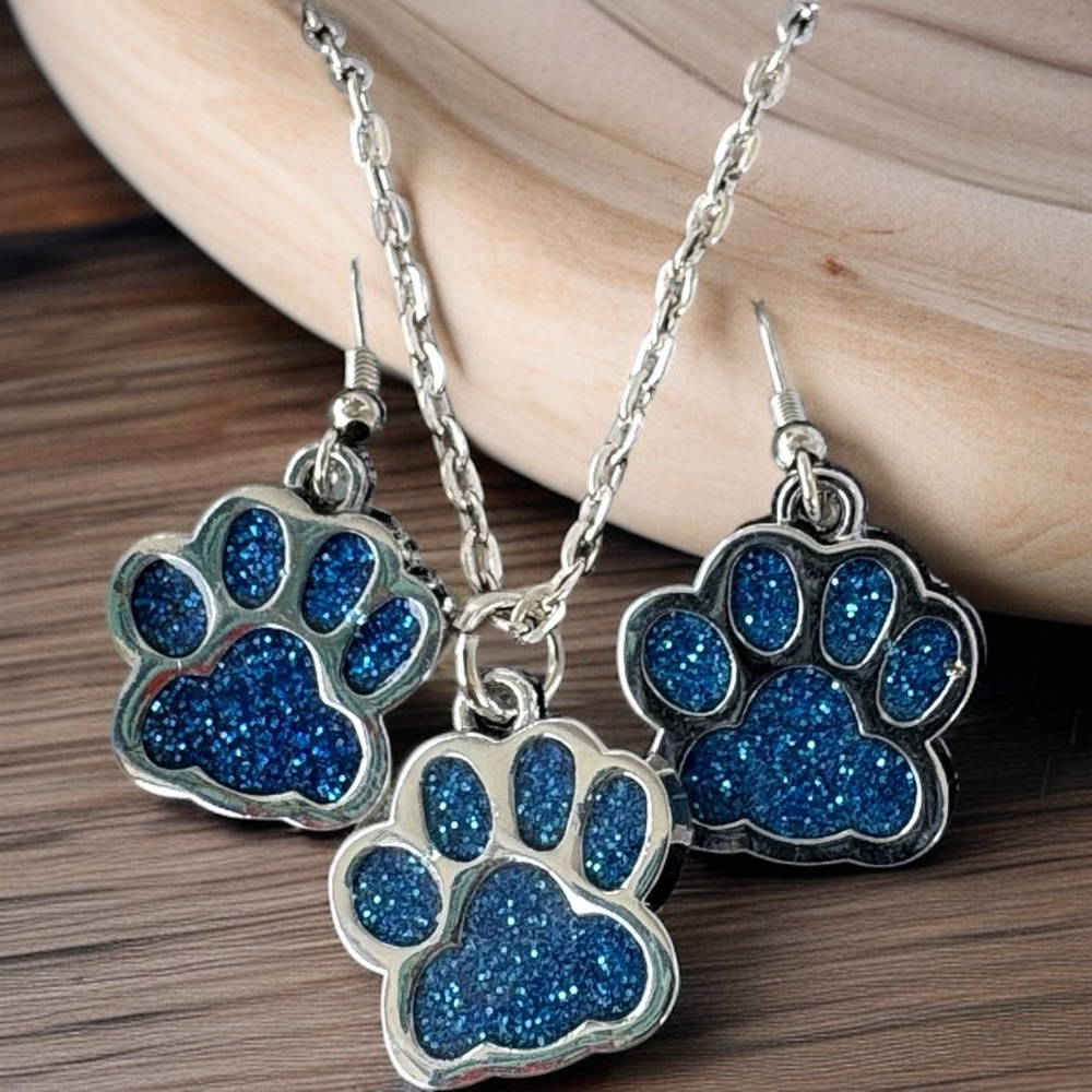 Blue Glitter Paw Print Necklace and Earrings Set